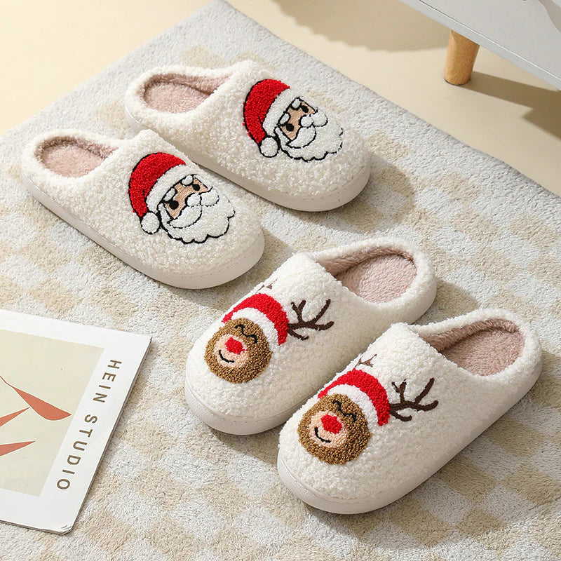 Christmas Home Slippers Cute Cartoon Santa Claus Cotton Slippers for Women and Men Couples Winter Warm Furry Shoes